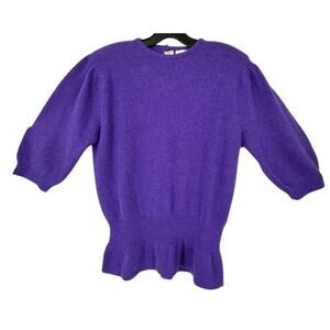 Vintage 80s Angora Sweater Purple Peplum Puff Sleeve Cottagecore Medium NEW